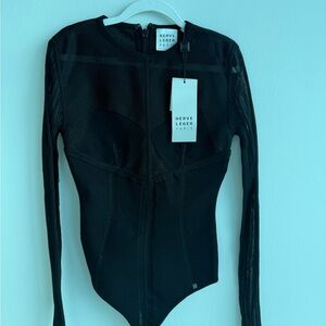 Herve Leger Black Long-Sleeve Contour Bodysuit